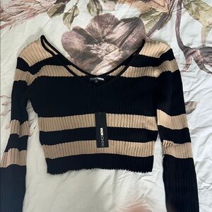 Fashion Nova Black and Tan Striped Women's Top